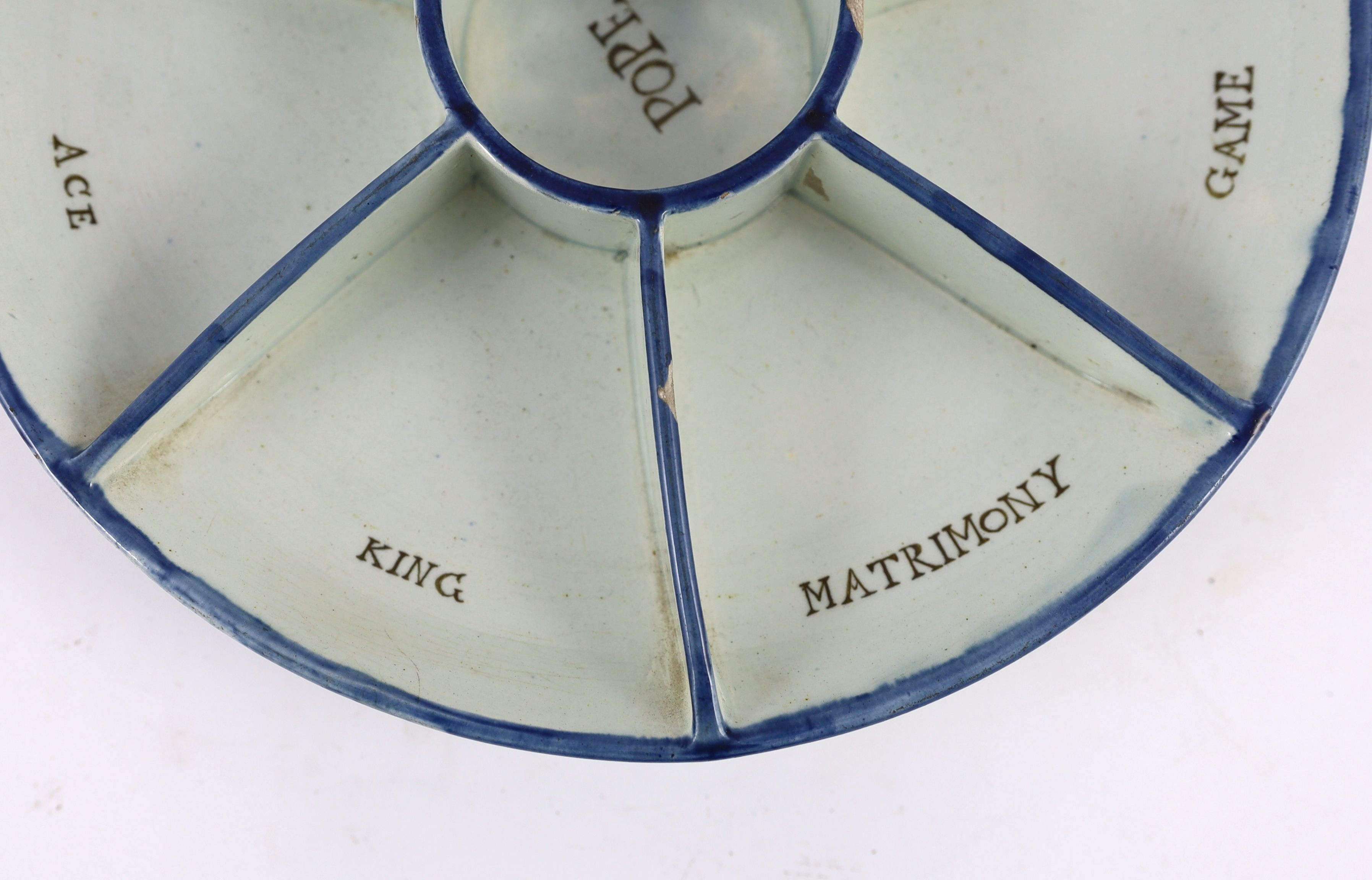 A rare pearlware dish shaped Pope Joan gaming rack, early 19th century, 26.5 cm diameter, small chips